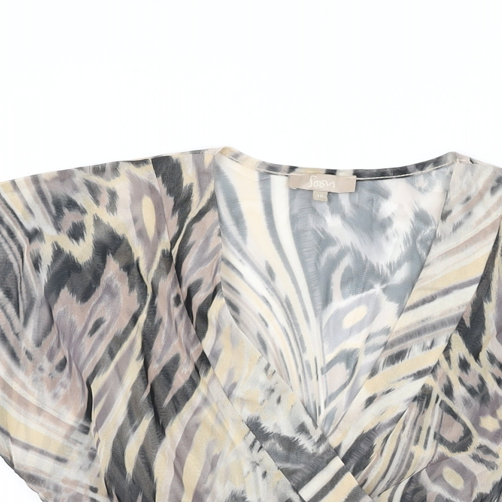 Soon Womens Beige Geometric Polyester Basic T-Shirt Size 10 V-Neck