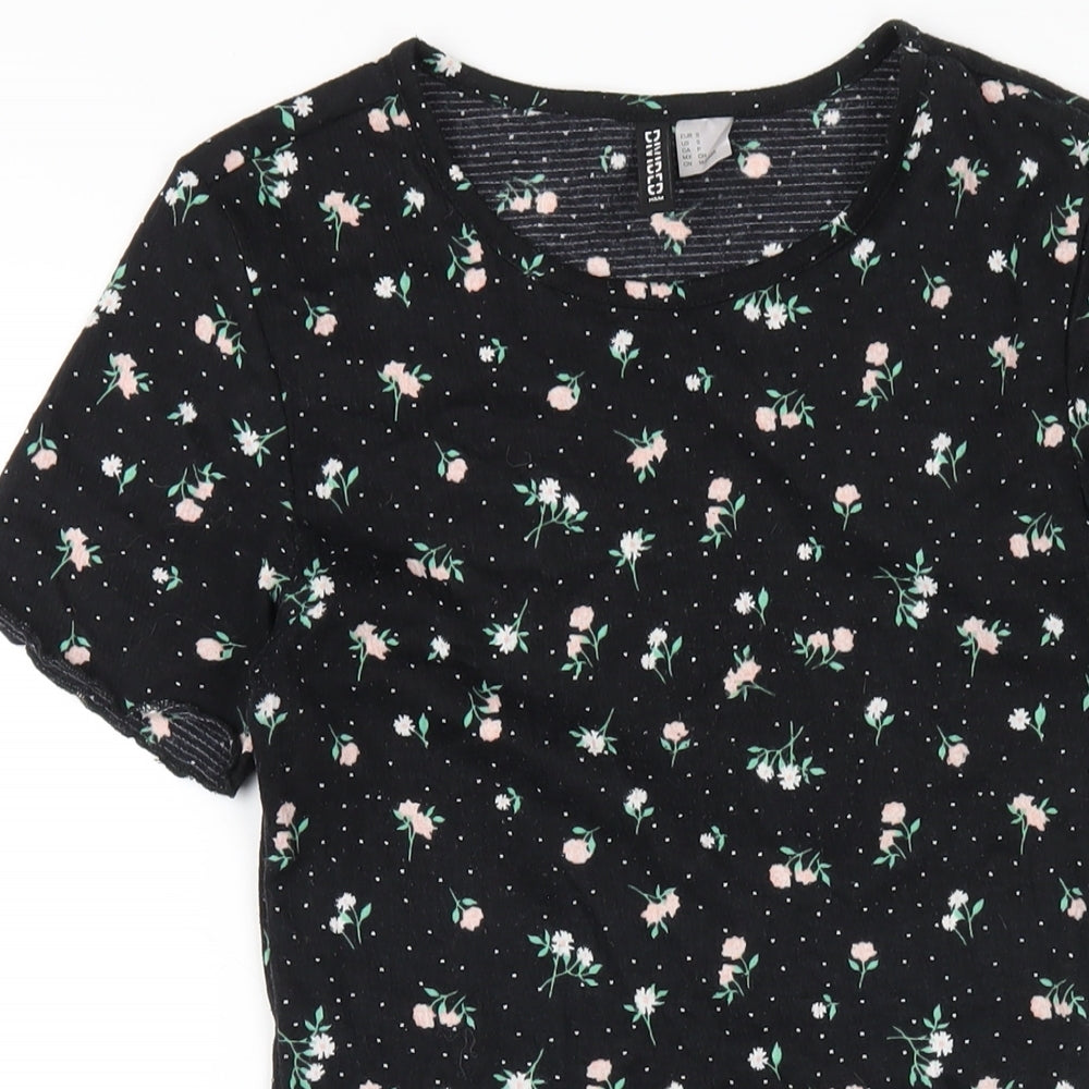 H&M Womens Black Floral Polyester Bodycon Size S Round Neck Pullover