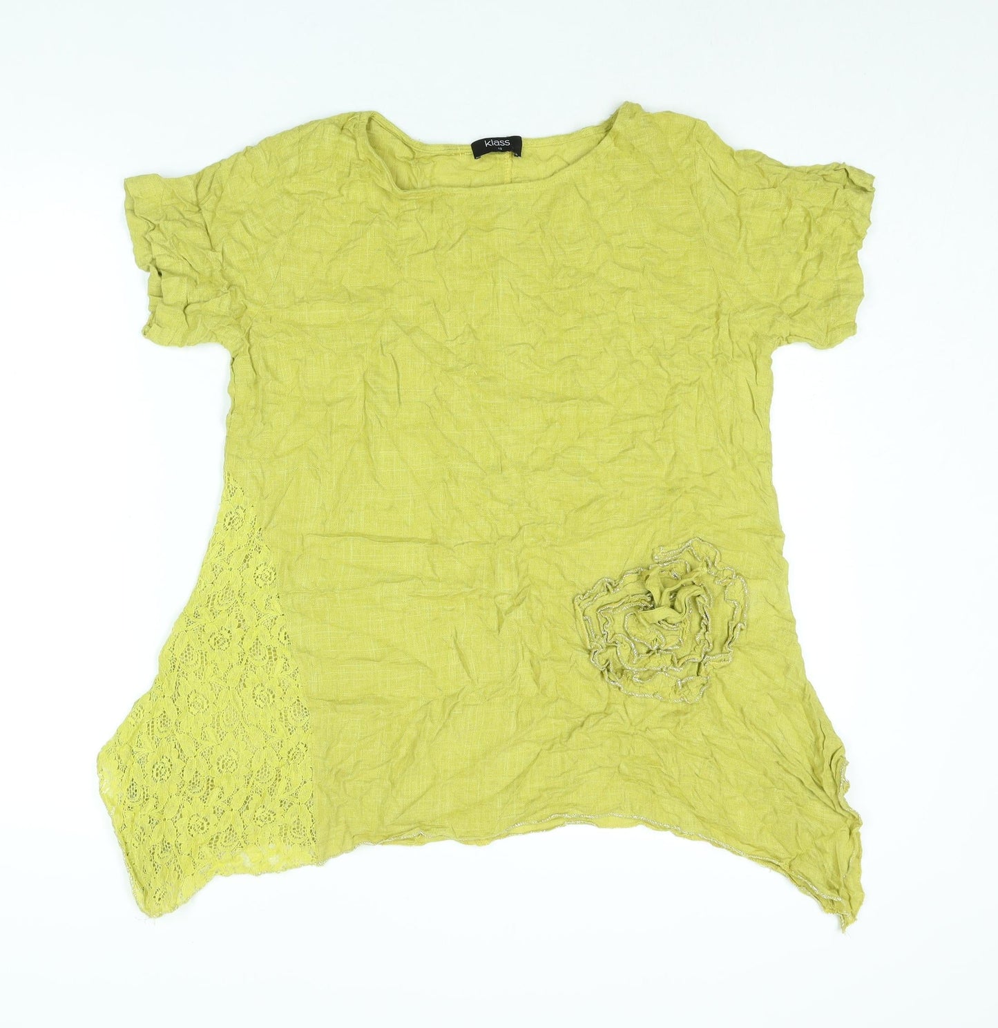 Klass Womens Yellow Linen Basic Blouse Size 10 Round Neck - Flower Lace Detail