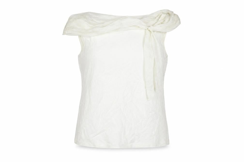 Front view of Principles women’s white viscose basic blouse, size UK 14, boat neck - tie