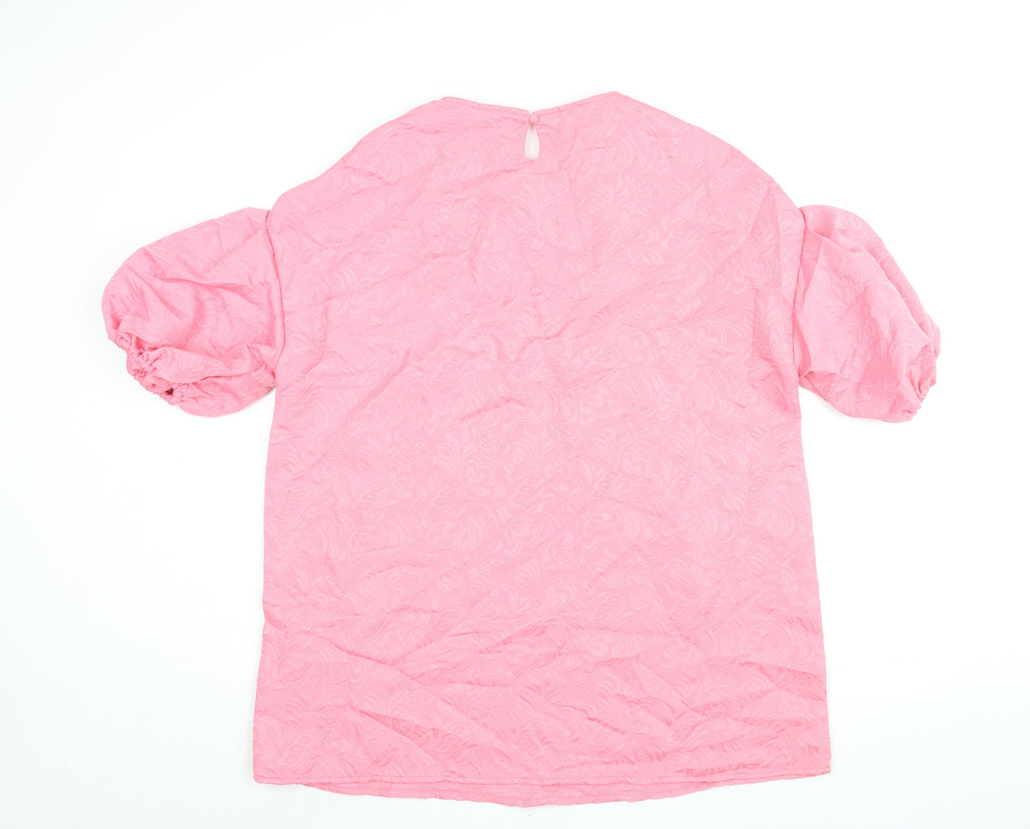 PRETTYLITTLETHING Womens Pink Geometric Polyester Mini Size 8 Round Neck Button - Puff Sleeve