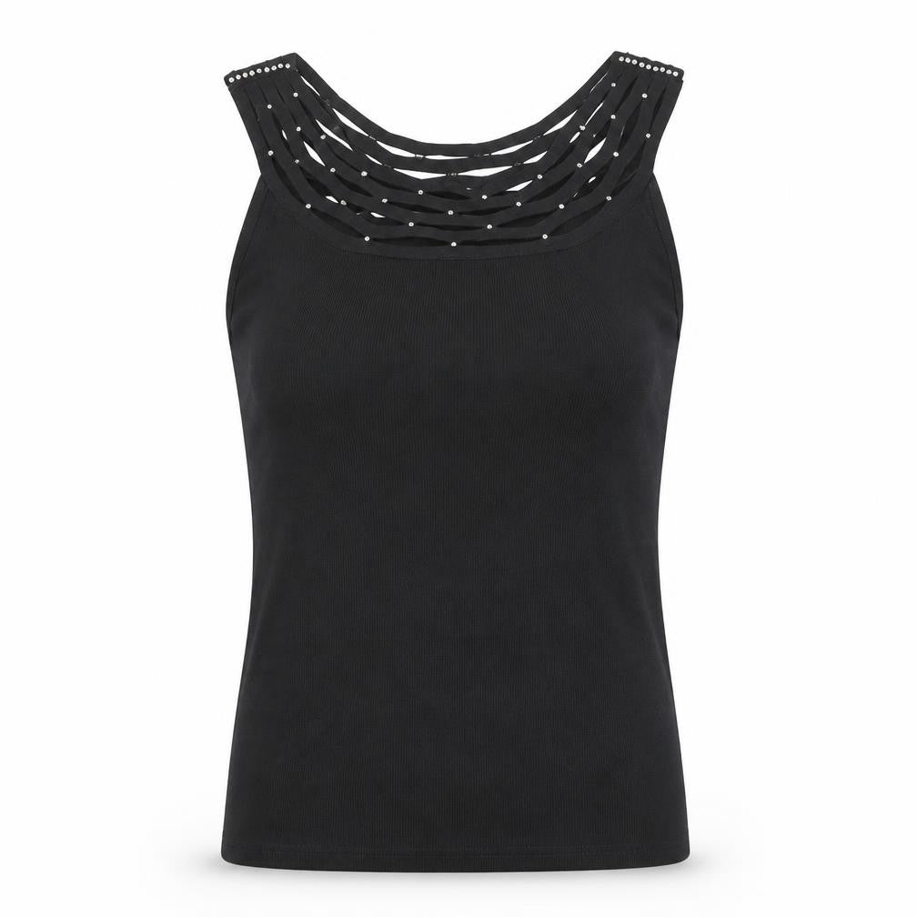Front view of Roman women’s black round neck viscose vest jumper, size M, - rhinestone detail