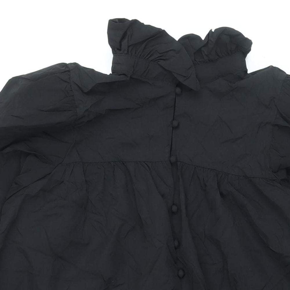 H&M Womens Black Polyamide Shift Size S Mock Neck Button - Smocked Frill