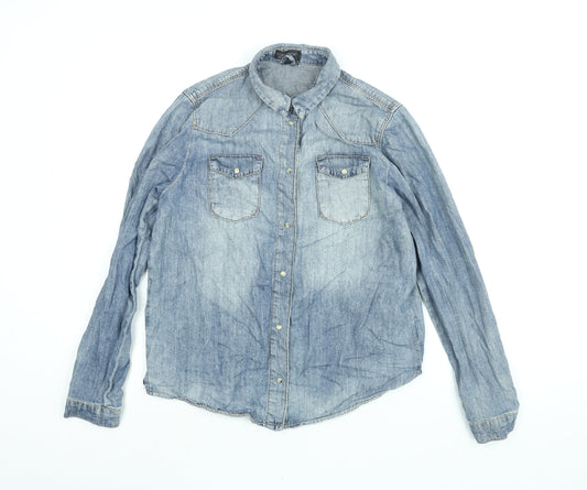 Topshop Womens Blue Cotton Basic Button-Up Size 12 Collared