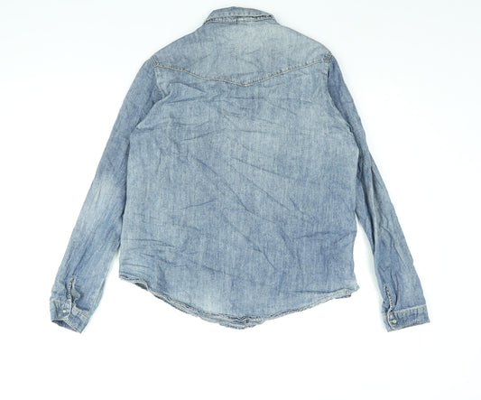 Topshop Womens Blue Cotton Basic Button-Up Size 12 Collared