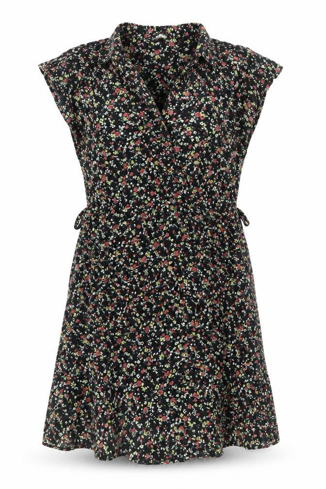Carbon Pink Womens Black Floral Cotton Mini Size 14 V-Neck Zip - Belted Button Detail