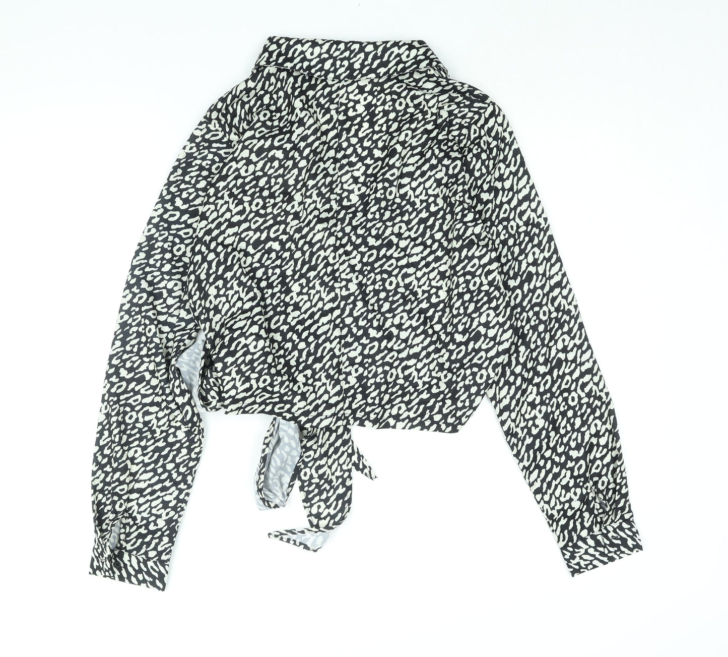 PRETTYLITTLETHING Womens Black Animal Print Polyester Wrap Blouse Size 12 Collared - Tie Leopard Print