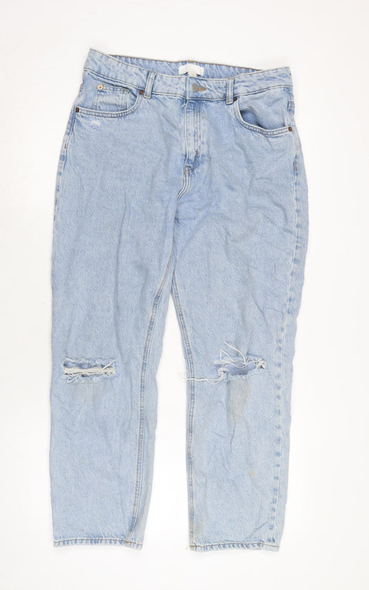 H&M Womens Blue Cotton Straight Jeans Size 12 L25 in Regular Zip
