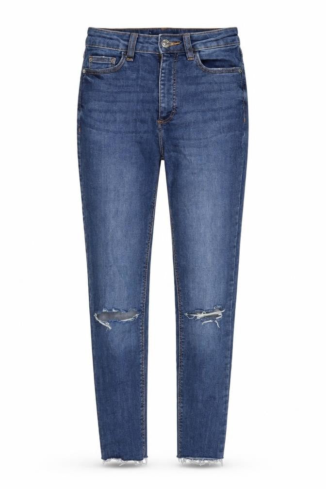 Front view of Denim & Co. women’s blue cotton blend tapered jeans, size UK 4, 23.5-inch leg regular zip - waist 20in.