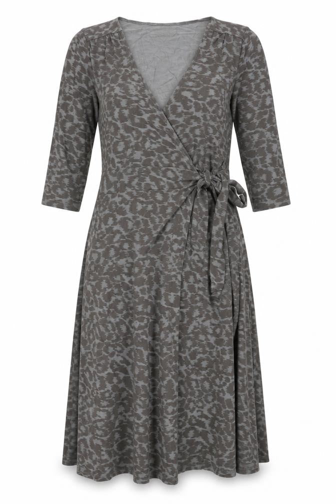 ELLE Womens Grey Animal Print Viscose Wrap Dress Size 16 V-Neck Tie