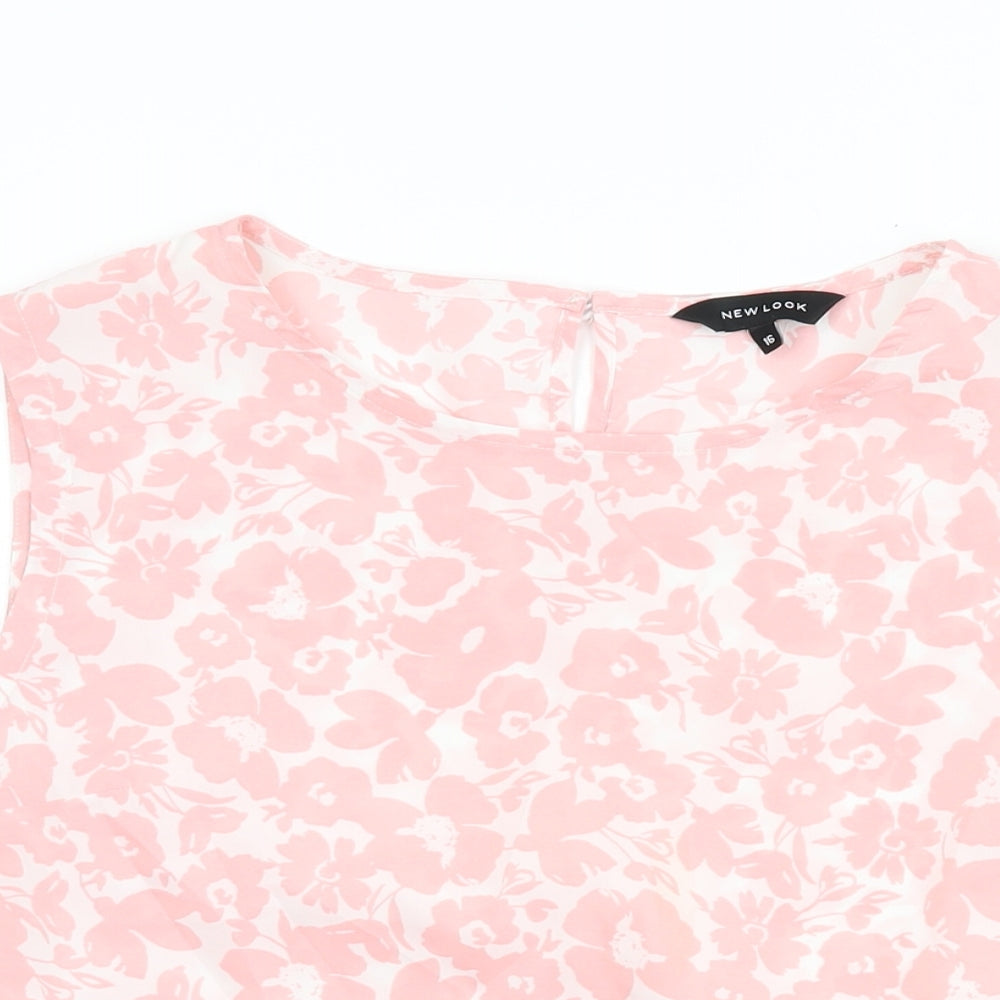New Look Womens Pink Floral Polyester Basic T-Shirt Size 16 Round Neck