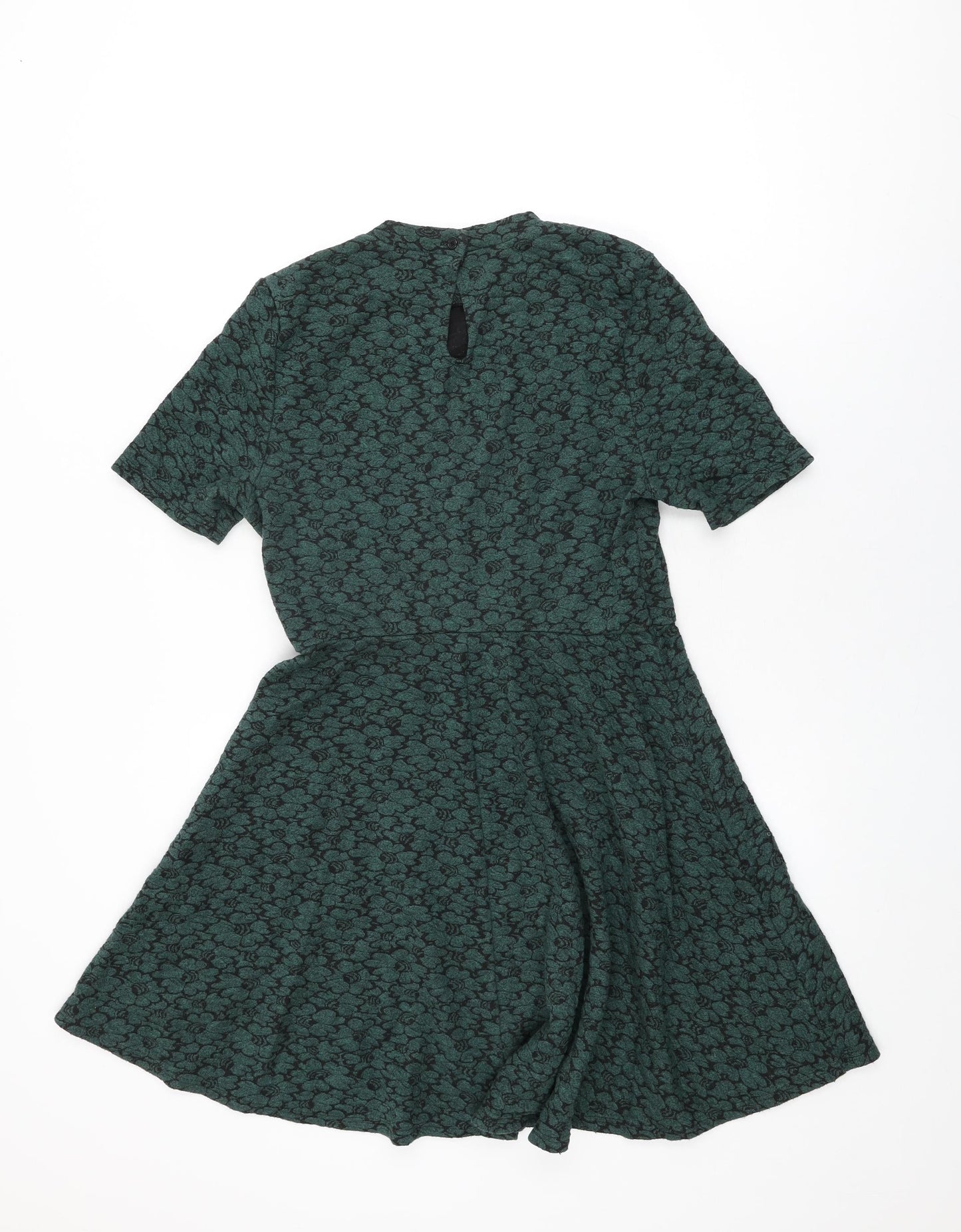 Topshop Womens Green Floral Cotton Skater Dress Size 12 Round Neck Button