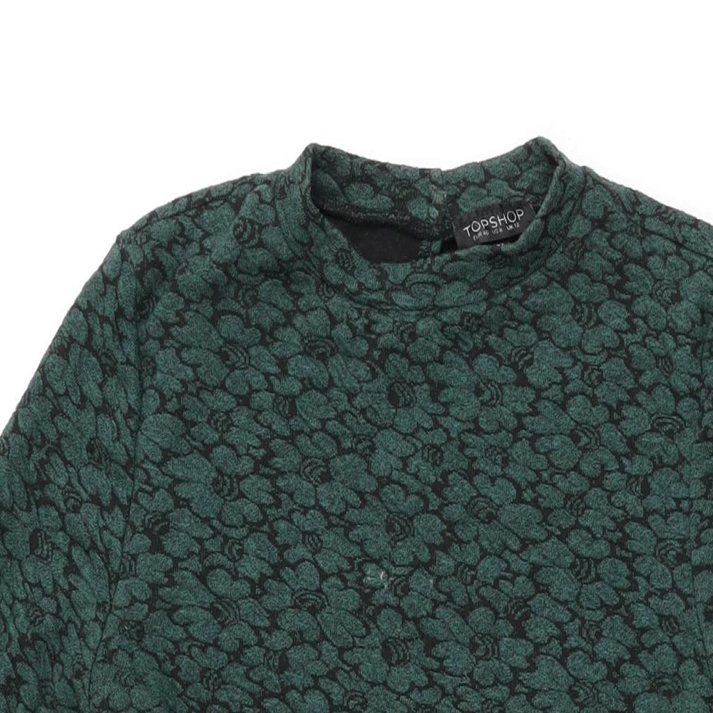 Topshop Womens Green Floral Cotton Skater Dress Size 12 Round Neck Button