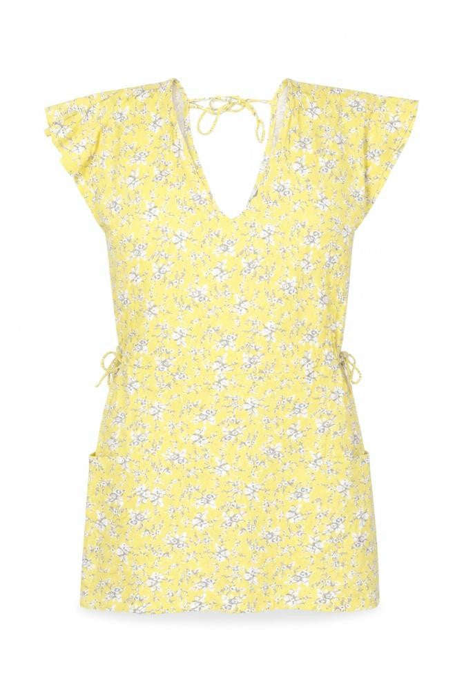 Next Womens Yellow Floral Cotton Shift Size 12 V-Neck Tie