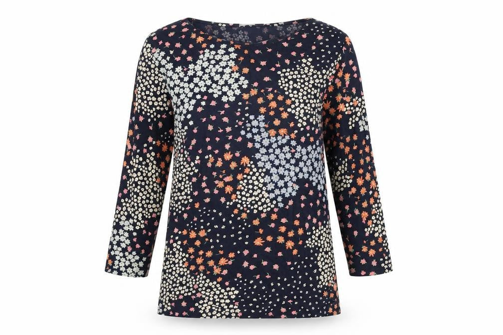 Marks & Spencer Womens Blue Floral Cotton Basic T-Shirt Size 8 Boat Neck