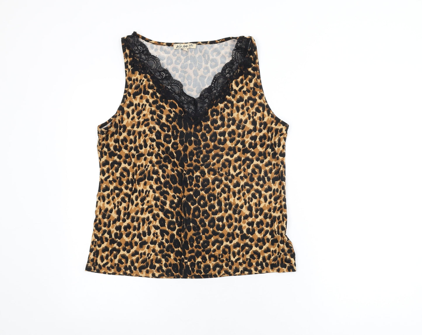 Belle Vere Womens Beige Animal Print Polyester Basic T-Shirt Size S V-Neck