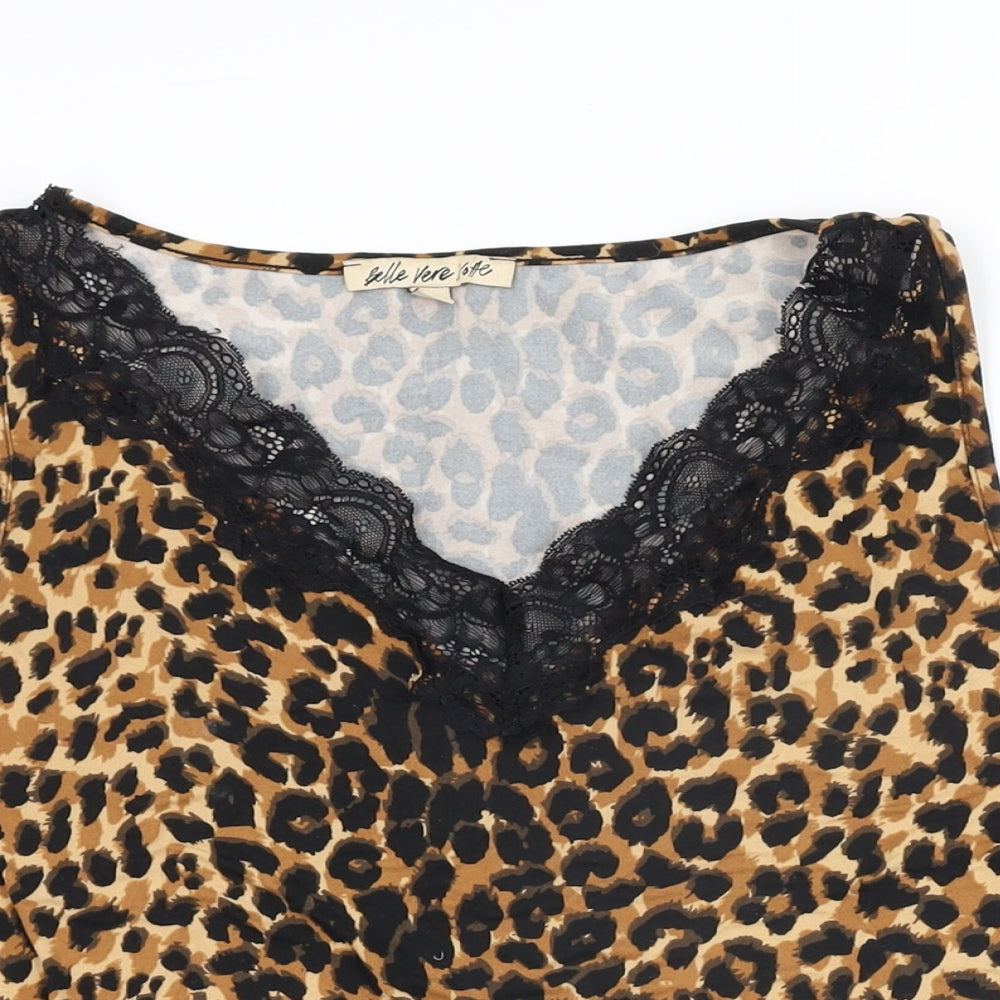 Belle Vere Womens Beige Animal Print Polyester Basic T-Shirt Size S V-Neck