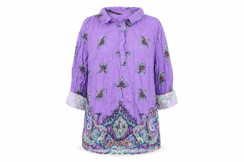 Concept Club Womens Purple Geometric Viscose Basic T-Shirt Size L Collared