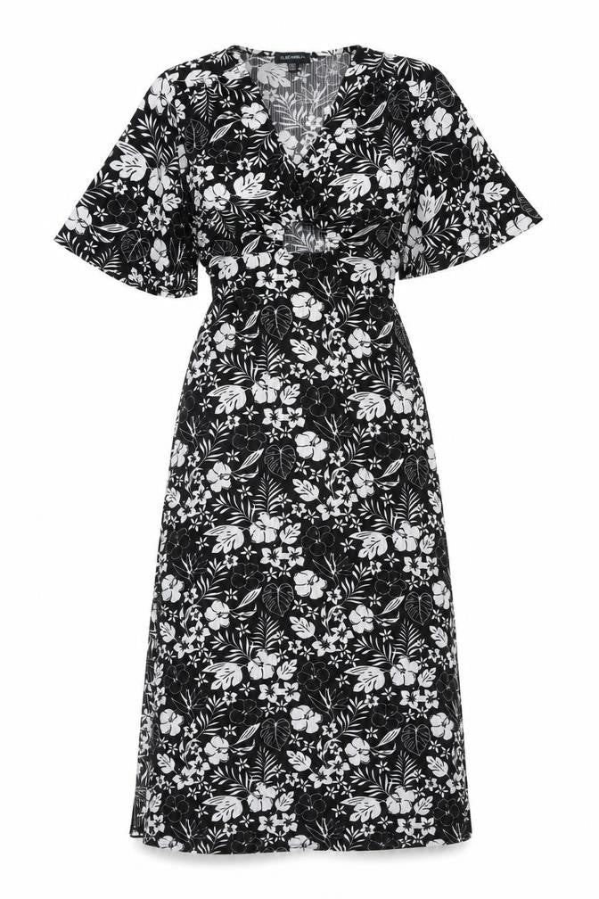 Blue Vanilla Womens Black Floral Polyester A-Line Size 10 V-Neck Tie