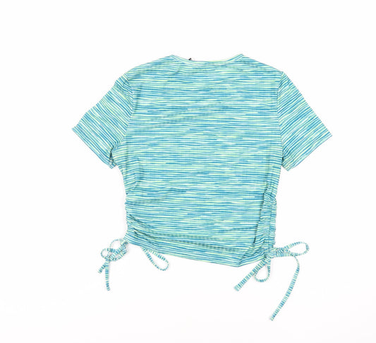 ASOS Womens Green Striped Polyester Cropped T-Shirt Size 12 Crew Neck - Tie Sides