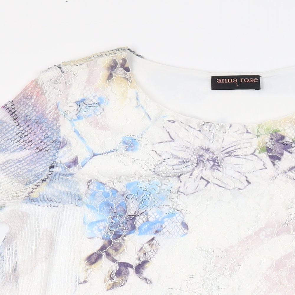 Anna Rose Womens White Floral Polyamide Basic Blouse Size L Boat Neck - Sequin