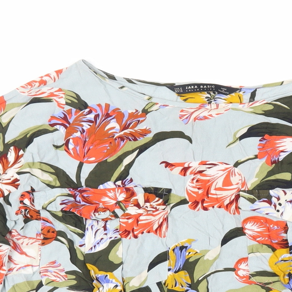 Zara Womens Green Floral Viscose Basic Blouse Size M Boat Neck