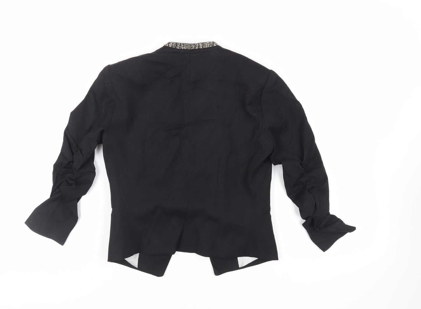 H&M Womens Black Jacket Blazer Size 8 - Open Ruched Sleeve Embellished