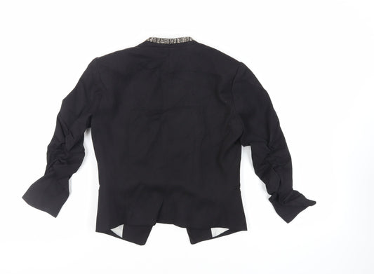 H&M Womens Black Jacket Blazer Size 8 - Open Ruched Sleeve Embellished