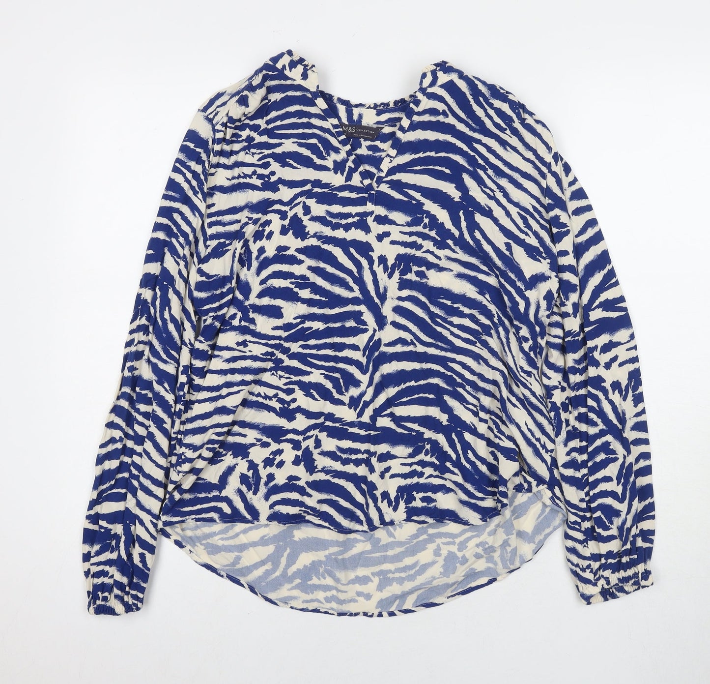 Marks and Spencer Womens Blue Animal Print Polyester Basic Blouse Size 10 Round Neck - Tiger Print