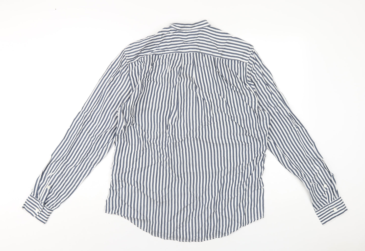 H&M Mens Blue Striped Viscose Button-Up Size M Round Neck Button