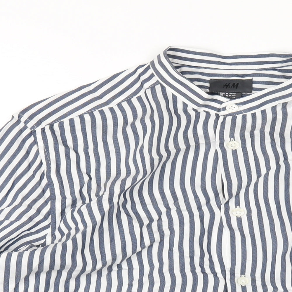 H&M Mens Blue Striped Viscose Button-Up Size M Round Neck Button