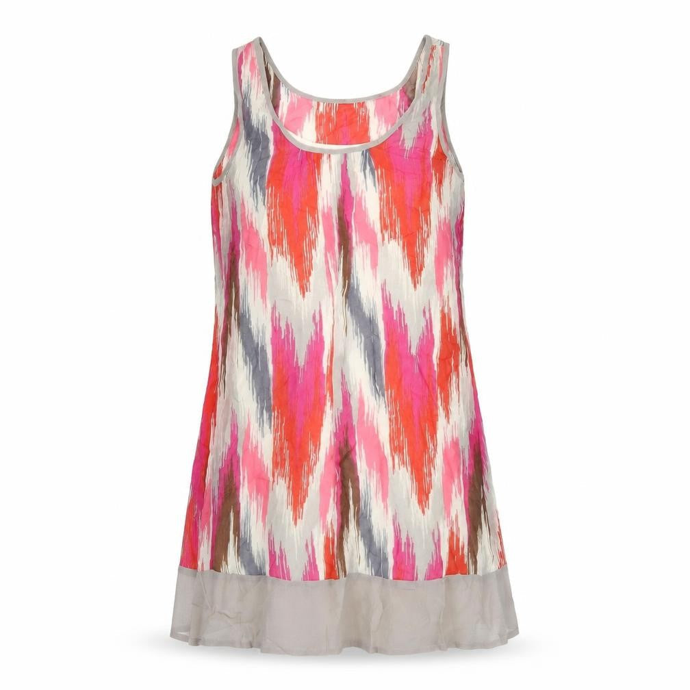 Front view of ASOS women’s multicoloured geometric polyester tank dress, size UK 8, scoop neck pullover