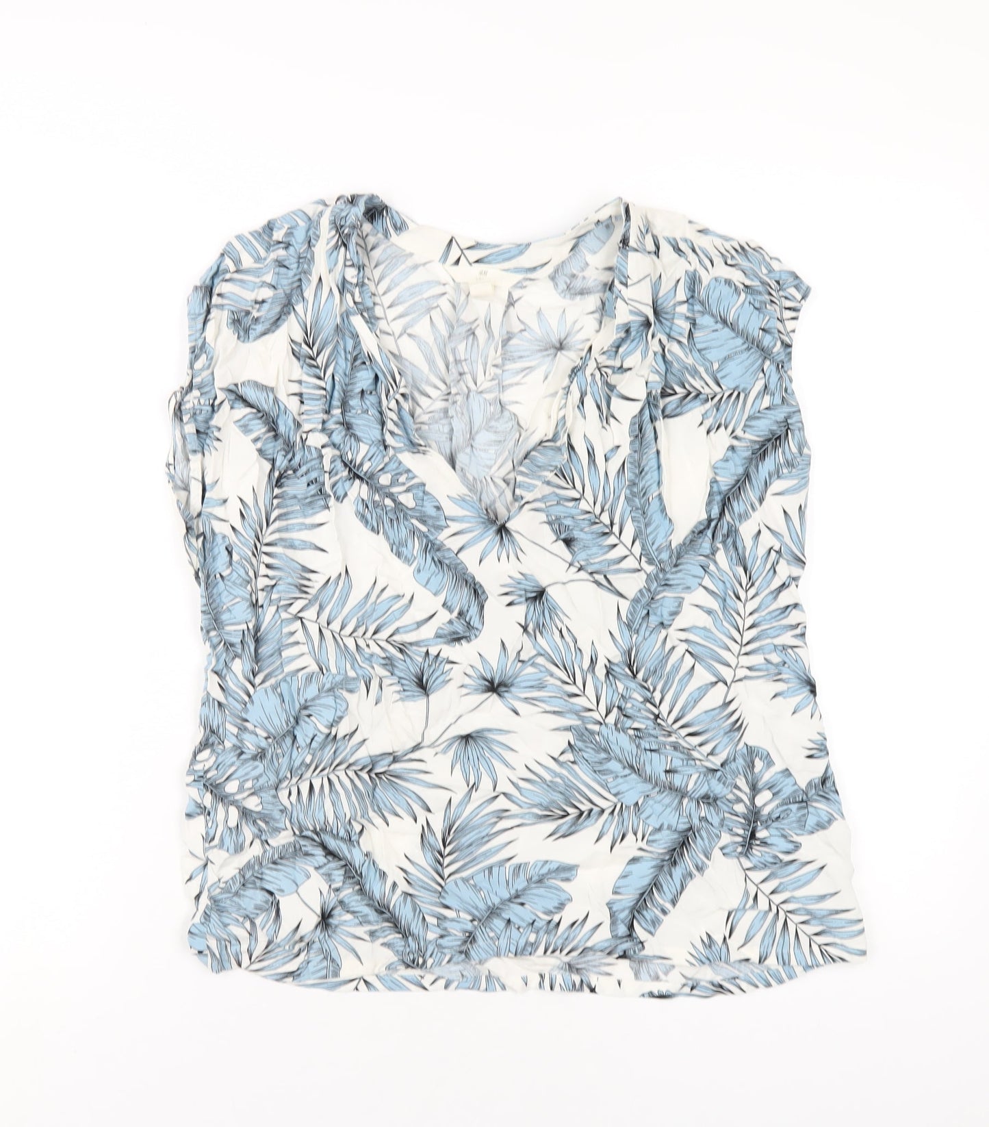 H&M Womens Blue Geometric Viscose Basic T-Shirt Size 10 V-Neck