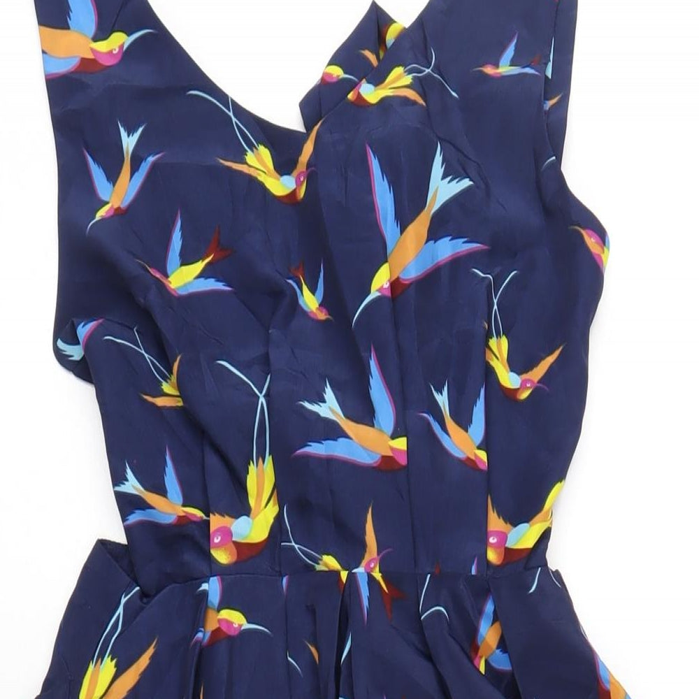 Louche Womens Blue Geometric Polyester A-Line Size 8 Scoop Neck Zip