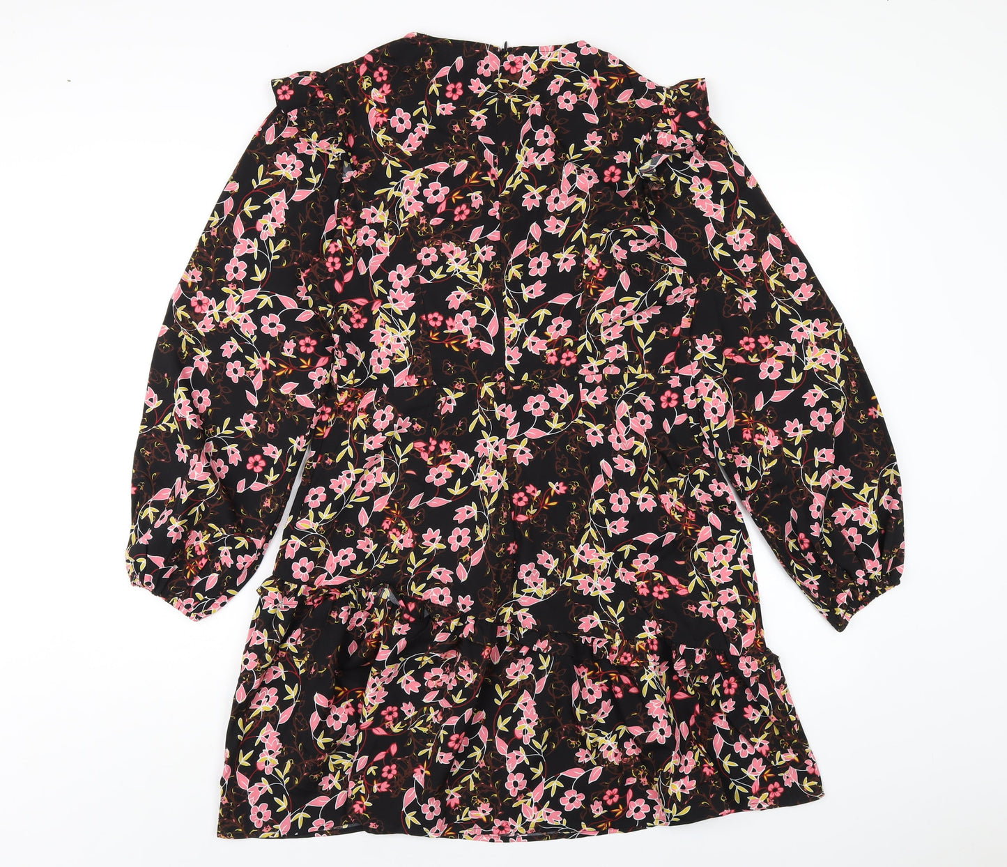 New Look Womens Black Floral Polyester A-Line Size 12 V-Neck Zip