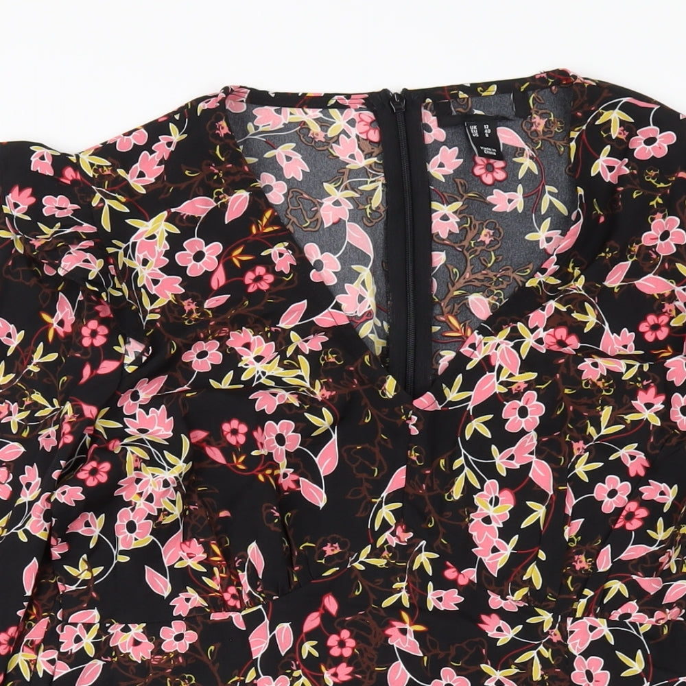 New Look Womens Black Floral Polyester A-Line Size 12 V-Neck Zip
