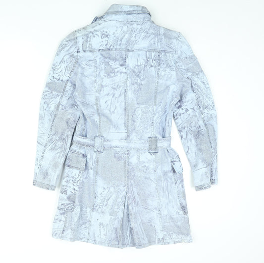 Amazing Womens Blue Geometric Trench Coat Coat Size 8 Button - Belted