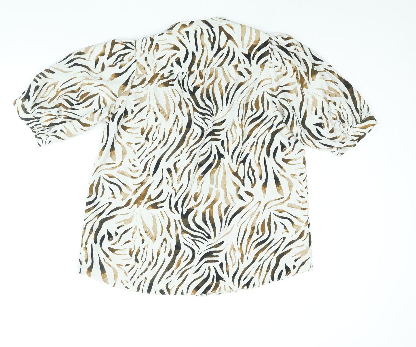New Look Womens White Animal Print Polyester Basic Button-Up Size 14 V-Neck - Tiger Print