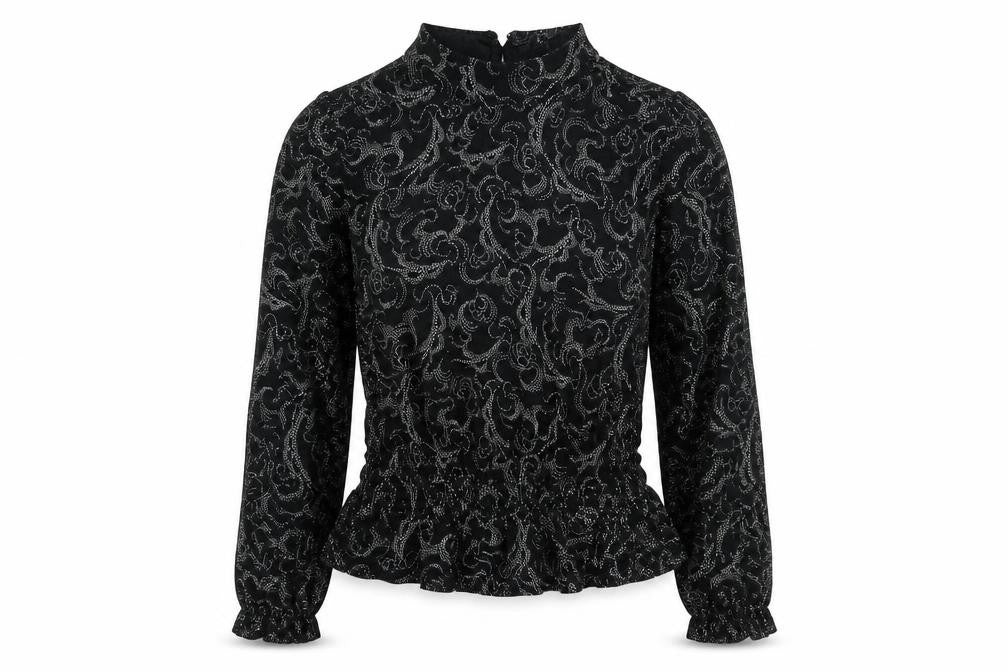 Marks & Spencer Womens Black Geometric Viscose Basic Blouse Size 12 Mock Neck - Peplum
