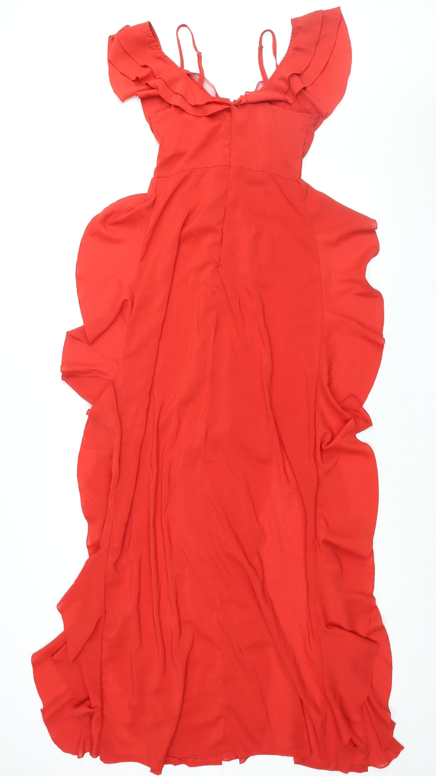 PRETTYLITTLETHING Womens Red Polyester Maxi Size 6 Scoop Neck Zip - Front Slits Waterfall Cold Shoulder