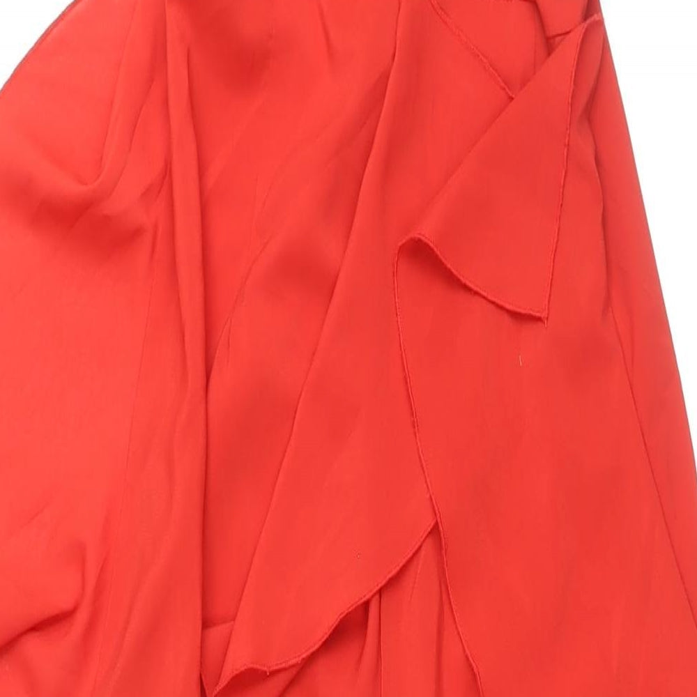 PRETTYLITTLETHING Womens Red Polyester Maxi Size 6 Scoop Neck Zip - Front Slits Waterfall Cold Shoulder