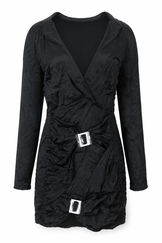 Zara Womens Black Viscose Mini Size S V-Neck Zip - Rhinestone Buckle Detail
