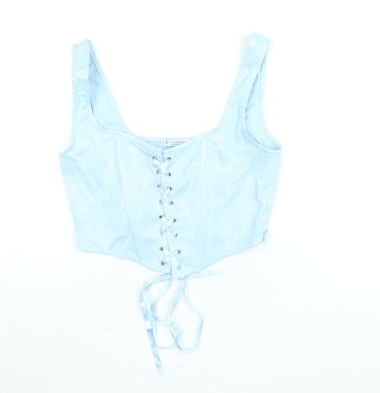 Stradivarius Womens Blue Floral Polyester Cropped Blouse Size L Scoop Neck - Lace Up Corset