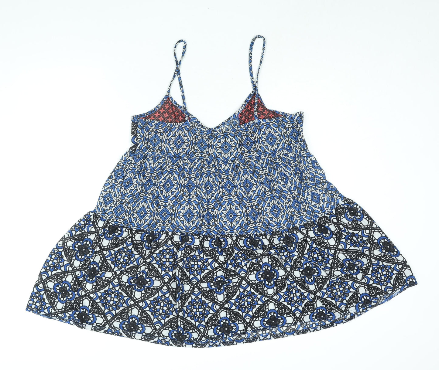 Topshop Womens Blue Geometric Polyester A-Line Size 14 Scoop Neck Pullover - Smocked