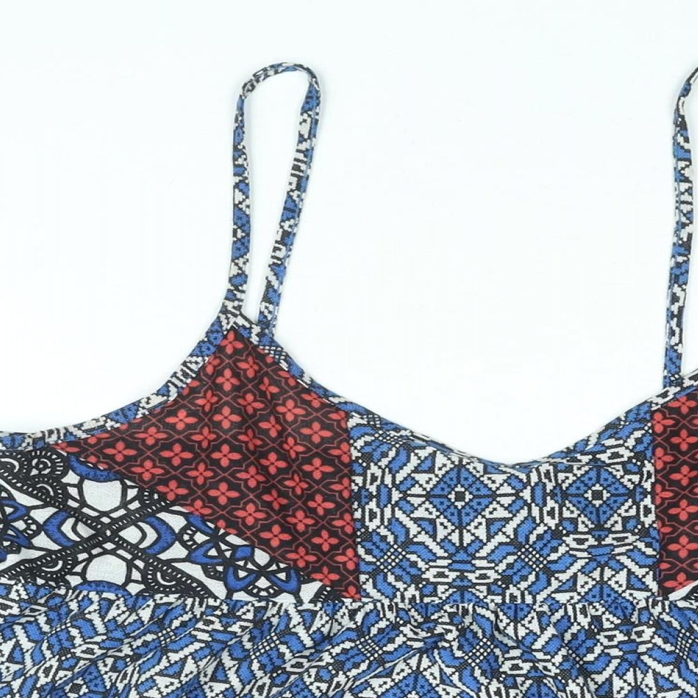 Topshop Womens Blue Geometric Polyester A-Line Size 14 Scoop Neck Pullover - Smocked