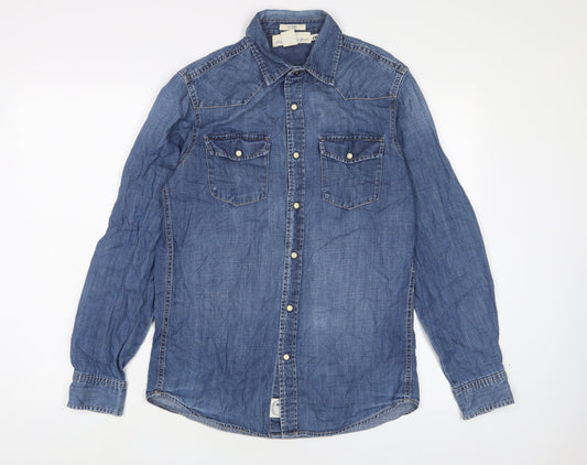 H&M Mens Blue Cotton Button-Up Size S Collared Snap