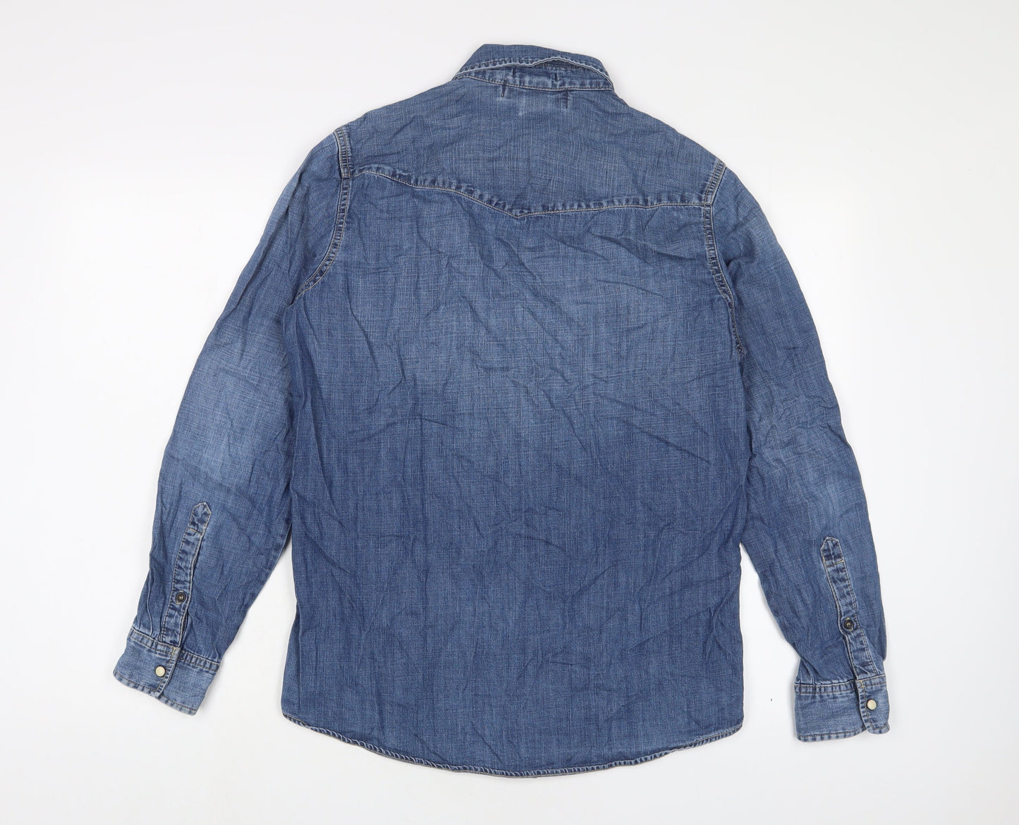H&M Mens Blue Cotton Button-Up Size S Collared Snap