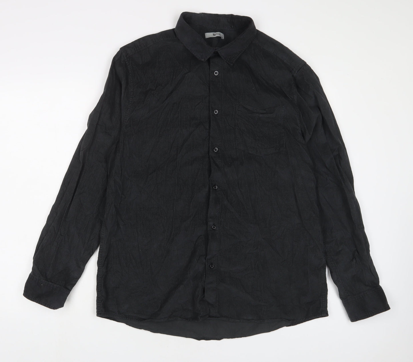 TU Mens Grey Cotton Button-Up Size L Collared Button
