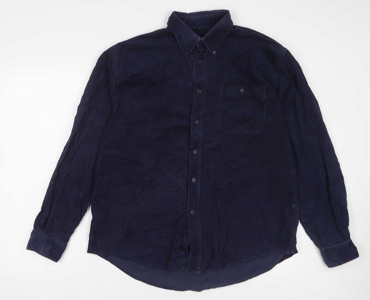 Camargue Mens Blue Cotton Button-Up Size L Collared Button