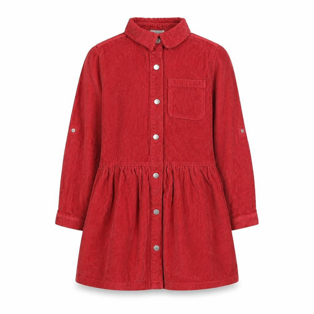 Front view of I Love girls’ wear girls red cotton shirt dress, size 11, years collared button